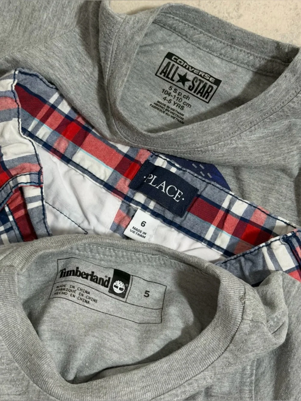 Converse, Timberland, Children’s Place Kids Boys Gray Logo Tees, Shorts size 5-6